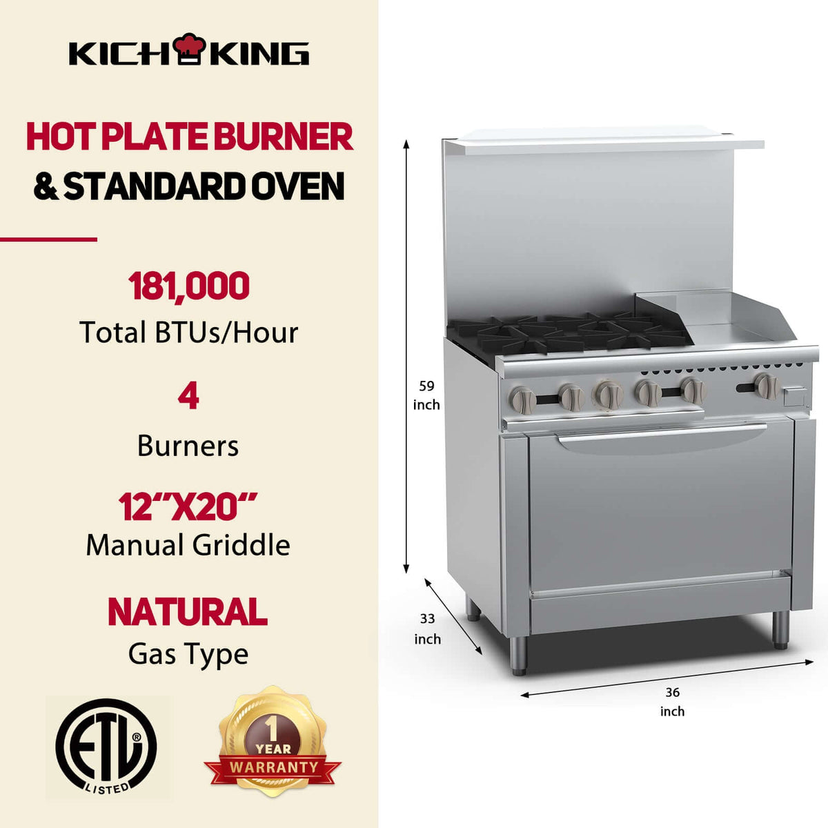 KICHKING Natural Gas Liquid Propane 4 Burner 36 Range with 12 Griddl
