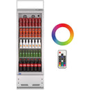 A swing glass door commercial merchandiser refrigerator with drinks and beverages on shelves silver