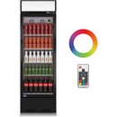 A swing glass door commercial merchandiser refrigerator with drinks and beverages on shelves black