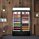 A two-section swing glass door commercial merchandiser refrigerator with drinks and beverages on shelves in the restaurant scene