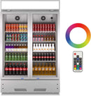 A silver two-section glass door commercial merchandiser refrigerator with LED lightbox