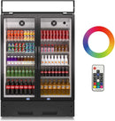 A black two-section glass door commercial merchandiser refrigerator with LED lightbox