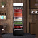 A swing glass door commercial merchandiser refrigerator with drinks and beverages on shelves in the restaurant scene