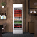 A swing glass door commercial merchandiser refrigerator with drinks and beverages on shelves in the restaurant scene