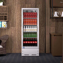 A swing glass door commercial merchandiser refrigerator with drinks and beverages on shelves in the restaurant scene