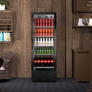 A swing glass door commercial merchandiser refrigerator with drinks and beverages on shelves in the restaurant scene