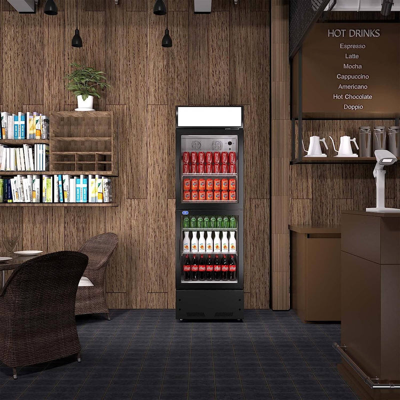 A swing glass door commercial merchandiser refrigerator with drinks and beverages on shelves in the restaurant scene