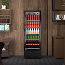 A swing glass door commercial merchandiser refrigerator with drinks and beverages on shelves in the restaurant scene