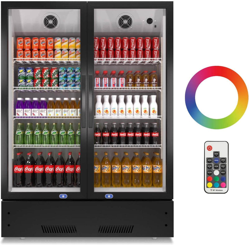 A black two-section glass door commercial merchandiser refrigerator