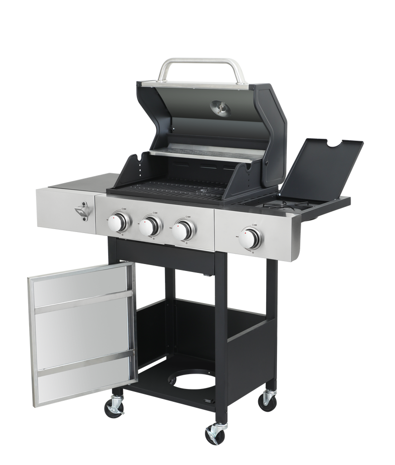 3-Burner Propane Gas BBQ Grill with Side Burner, 37230BTU Output With Enameled Cast Iron Cooking Grids For Outdoor Barbecue, Stainless Steel