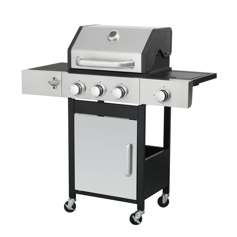 3-Burner Propane Gas BBQ Grill with Side Burner, 37230BTU Output With Enameled Cast Iron Cooking Grids For Outdoor Barbecue, Stainless Steel
