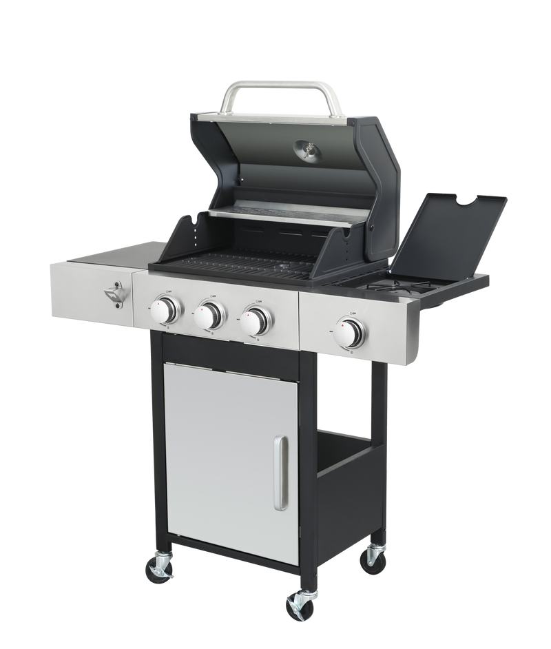 3-Burner Propane Gas BBQ Grill with Side Burner, 37230BTU Output With Enameled Cast Iron Cooking Grids For Outdoor Barbecue, Stainless Steel