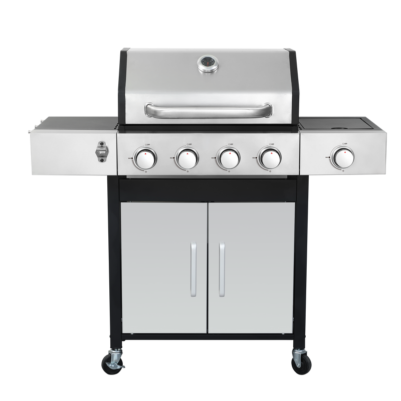 4-Burner Propane Gas BBQ Grill with Side Burner, 46790BTU Output With Enameled Cast Iron Cooking Grids For Outdoor Barbecue, Stainless Steel