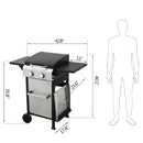 2-Burner Propane Gas BBQ Grill, SS Plancha, 24600BTU Output With Wire Enamel Cooking Grids For Outdoor Barbecue, Foldable Side Table, Hanging Basket, Stainless Steel