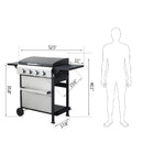 4-Burner Propane Gas BBQ Grill, SS Plancha, 49200BTU Output With Wire Enamel Cooking Grids For Outdoor Barbecue, Foldable Side Table, Hanging Basket, Stainless Steel