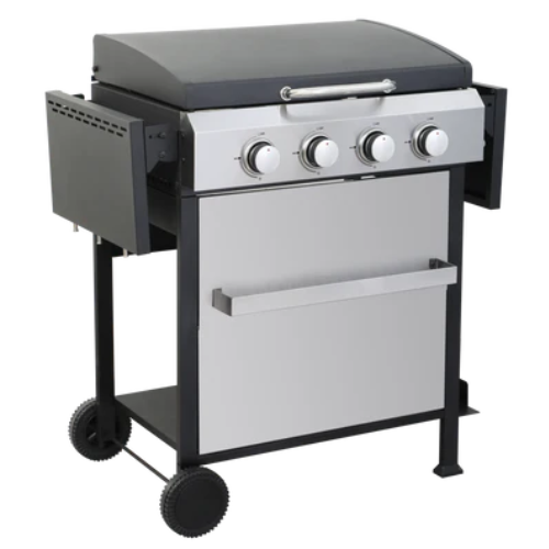 4-Burner Propane Gas BBQ Grill, SS Plancha, 49200BTU Output With Wire Enamel Cooking Grids For Outdoor Barbecue, Foldable Side Table, Hanging Basket, Stainless Steel