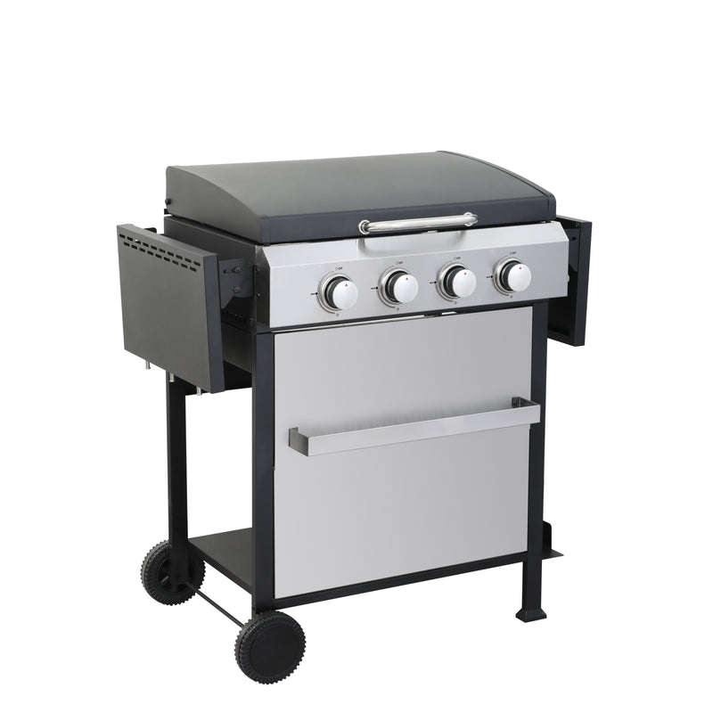 4-Burner Propane Gas BBQ Grill, SS Plancha, 49200BTU Output With Wire Enamel Cooking Grids For Outdoor Barbecue, Foldable Side Table, Hanging Basket, Stainless Steel