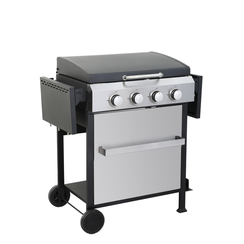 4-Burner Propane Gas BBQ Grill, SS Plancha, 49200BTU Output With Wire Enamel Cooking Grids For Outdoor Barbecue, Foldable Side Table, Hanging Basket, Stainless Steel