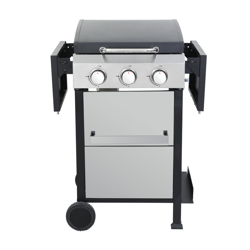 3-Burner Propane Gas BBQ Grill, SS Plancha, 36900BTU Output With Wire Enamel Cooking Grids For Outdoor Barbecue, Foldable Side Table, Hanging Basket, Stainless Steel