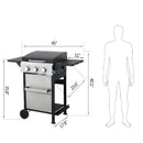 3-Burner Propane Gas BBQ Grill, SS Plancha, 36900BTU Output With Wire Enamel Cooking Grids For Outdoor Barbecue, Foldable Side Table, Hanging Basket, Stainless Steel