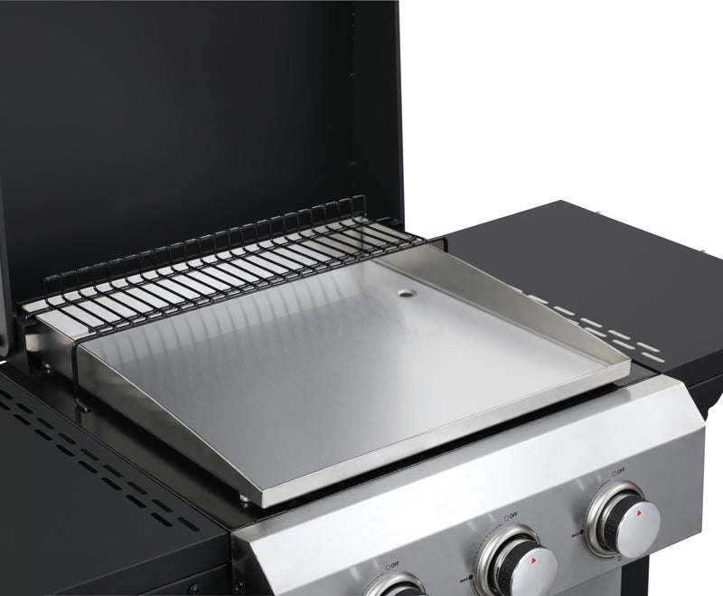3-Burner Propane Gas BBQ Grill, SS Plancha, 36900BTU Output With Wire Enamel Cooking Grids For Outdoor Barbecue, Foldable Side Table, Hanging Basket, Stainless Steel