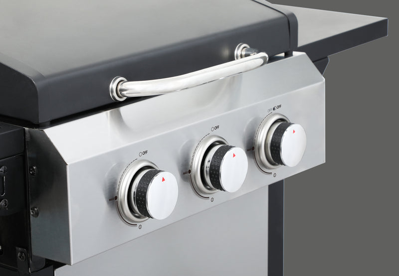 3-Burner Propane Gas BBQ Grill, SS Plancha, 36900BTU Output With Wire Enamel Cooking Grids For Outdoor Barbecue, Foldable Side Table, Hanging Basket, Stainless Steel