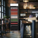 LED lightbox swing glass door merchandiser refrigerator with drinks and beverages on shelves in the restaurant scene