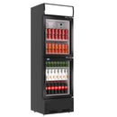 A swing glass door commercial merchandiser refrigerator with drinks and beverages on shelves