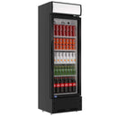 A swing glass door commercial merchandiser refrigerator with drinks and beverages on shelves