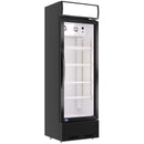 A black glass door commercial merchandiser refrigerator with LED lightbox