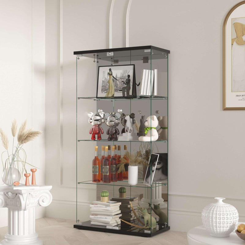 4 Shelf Glass Display Cabinet with Mirrored Back, 2 Glass Doors Curio Cabinet