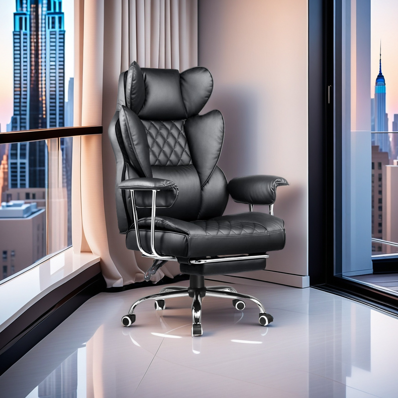 High-End PU Leather Executive Office Chair with Extended Footrest (Extra 5cm), Ergonomic Design for Lumbar & Head Support, Adjustable Height (52-61cm Seat Height), 47x52cm Seat Size, 80cm Backrest, 350mm Steel Base with 5 Casters