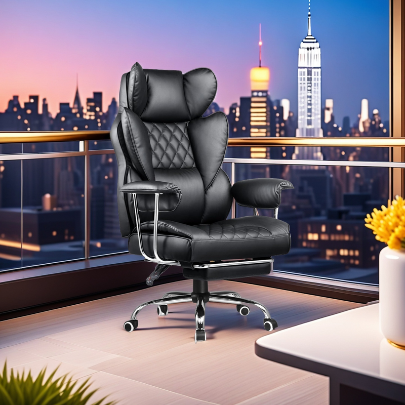 High-End PU Leather Executive Office Chair with Extended Footrest (Extra 5cm), Ergonomic Design for Lumbar & Head Support, Adjustable Height (52-61cm Seat Height), 47x52cm Seat Size, 80cm Backrest, 350mm Steel Base with 5 Casters