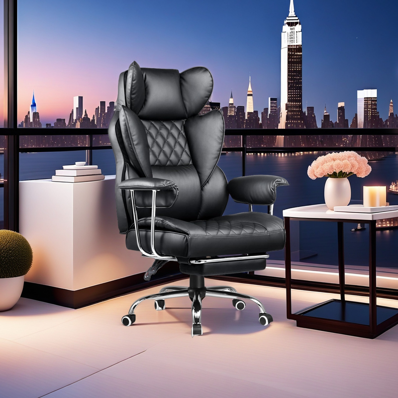 High-End PU Leather Executive Office Chair with Extended Footrest (Extra 5cm), Ergonomic Design for Lumbar & Head Support, Adjustable Height (52-61cm Seat Height), 47x52cm Seat Size, 80cm Backrest, 350mm Steel Base with 5 Casters