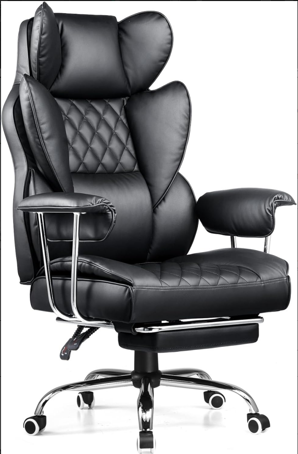 High-End PU Leather Executive Office Chair with Extended Footrest (Extra 5cm), Ergonomic Design for Lumbar & Head Support, Adjustable Height (52-61cm Seat Height), 47x52cm Seat Size, 80cm Backrest, 350mm Steel Base with 5 Casters