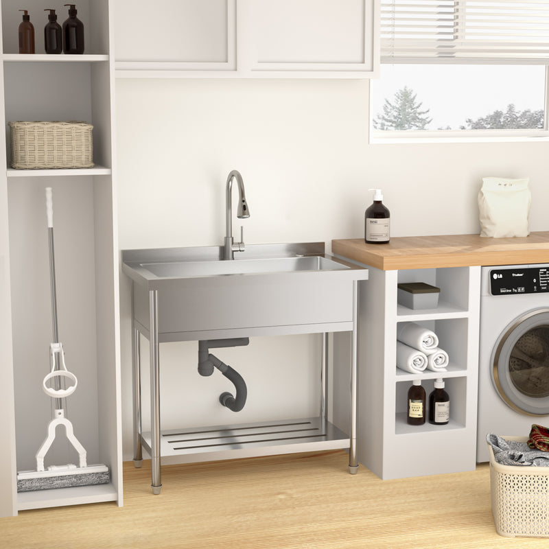 21"D x 36"W x 35.5"H Stainless Steel Large Utility Sink Single Bowl, Freestanding Commercial Restaurant Sink with Pull-Out Faucet, Utility Sink for Laundry Room, Garage, Kitchen