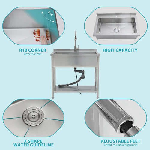 21"D x 36"W x 35.5"H Stainless Steel Large Utility Sink Single Bowl, Freestanding Commercial Restaurant Sink with Pull-Out Faucet, Utility Sink for Laundry Room, Garage, Kitchen