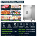 54"W Commercial Freezer 2 Section 2 Solid Door Stainless Steel Interior and Exterior Construction Reach-in Freezer 42.2 Cu.ft. Upright Fan Cooling Freezer for Restaurants and Commercial Environments